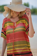 Knitted Color Stripes Beach Cover-up Sexy Hollow Out Cutout Vacation Sun Protection Shirt Bikini Swimsuit Blouse Bella Mia