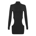 Spring Solid Color round Neck Long Sleeve Slim Fit Hollow Out Cutout Sexy Slim Fit Sexy Dress Bella Mia