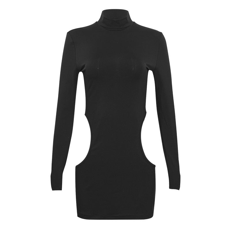 Spring Solid Color round Neck Long Sleeve Slim Fit Hollow Out Cutout Sexy Slim Fit Sexy Dress Bella Mia