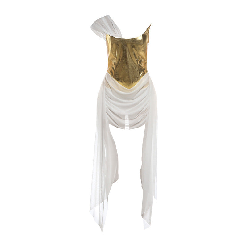 Spring Women Clothing Golden Bright Surface Mesh Stitching Ribbon Sexy Dress Bella Mia
