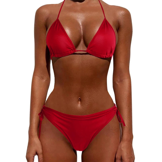Sexy Solid Color Lace-up Split Swimsuit Sexy Pure Color Tied Separates Swimsuit Luxlife Brands