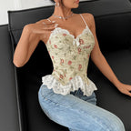 Women Clothing Vintage Jacquard Niche Stitching Sexy Lace Lace Spaghetti Strap Vest Bella Mia