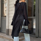 Chiffon Shirt Women Black Mesh Irregular Asymmetric Niche Design round Neck Ruffle Sleeve Long Sleeve Top Bella Mia