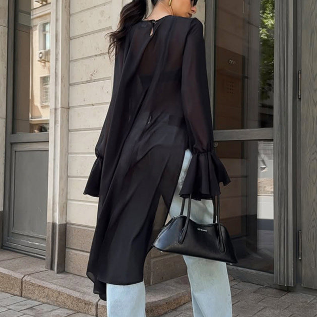 Chiffon Shirt Women Black Mesh Irregular Asymmetric Niche Design round Neck Ruffle Sleeve Long Sleeve Top Bella Mia