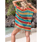 Knitted Color Stripes Tassel Beach Cover-up Sexy Hollow Out Cutout Seaside Sun Protection Clothing Beach Cover Up Crochet Bella Mia