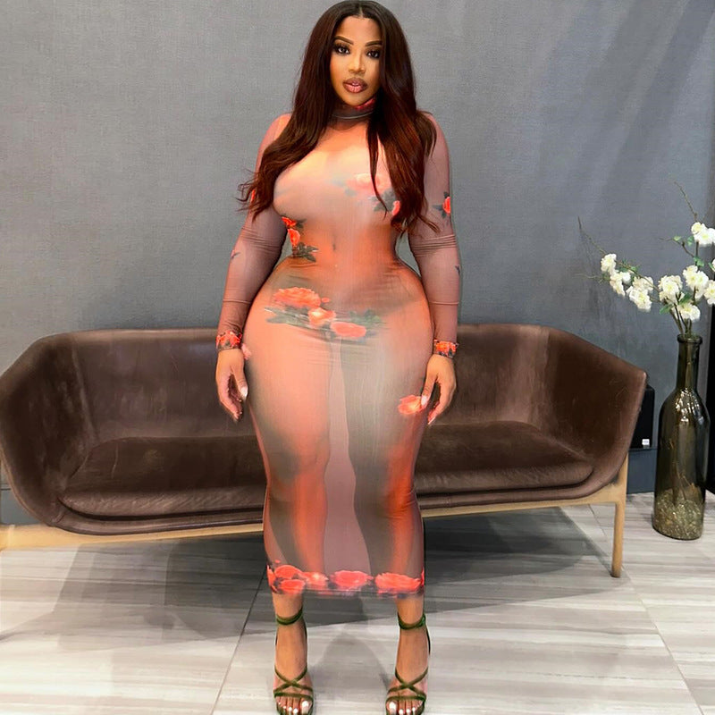 Women Clothing Printed Dress round Neck Pullover Long Sleeve Pullover One Step Dress Bella Mia