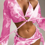 Rong Feidi Women Split Tie Dye Swimsuit Sexy Long Sleeve Sun Protection Four Piece Bikini Swimsuit Bella Mia