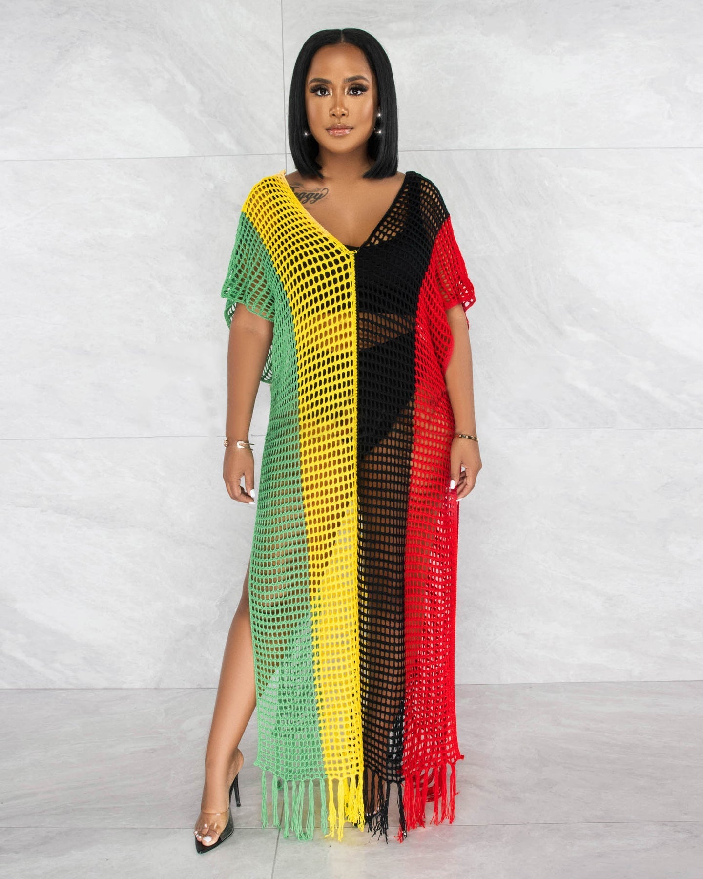 Summer Women Dress Sexy Woolen Hand Crochet Knitted Tassel Color Matching Beach Dress Bella Mia