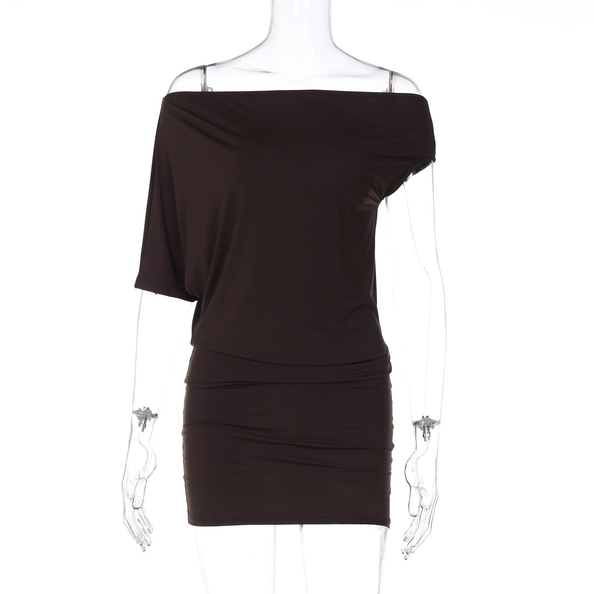 Sexy Solid Color Women Clothing Sexy Tube Top Irregular Asymmetric Shoulder Sleeve Short Slim Sheath Dress Women Bella Mia