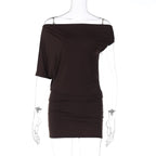 Sexy Solid Color Women Clothing Sexy Tube Top Irregular Asymmetric Shoulder Sleeve Short Slim Sheath Dress Women Bella Mia