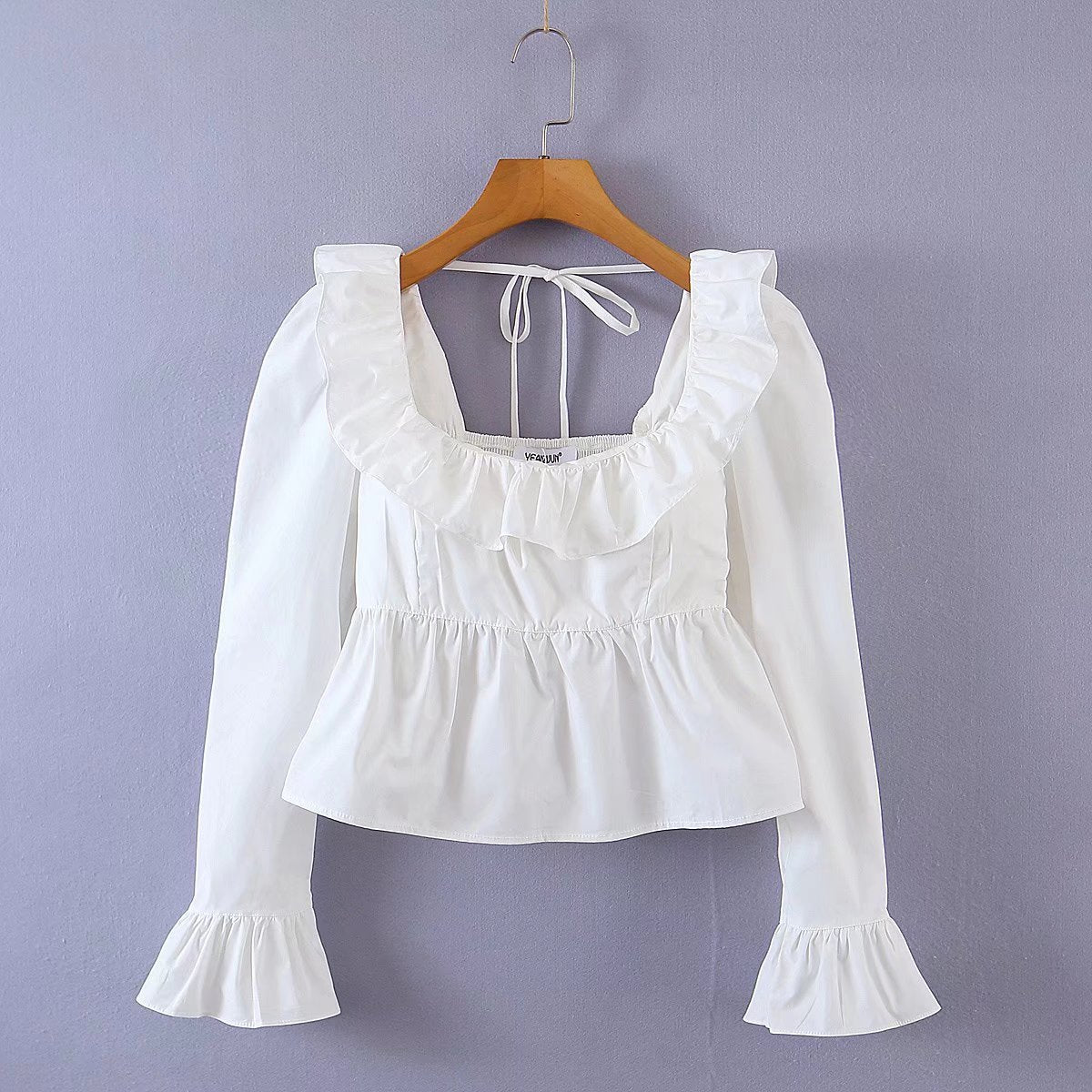 Summer Wind Women Solid Color Long Sleeve Ruffled Shirt Bella Mia