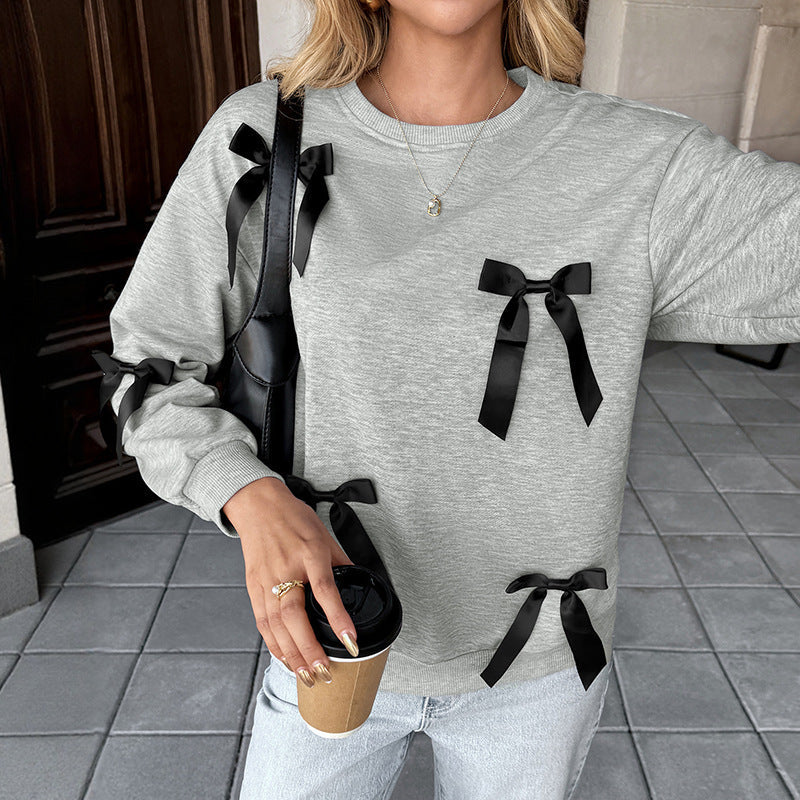 Autumn Casual Sweet Top Bow Decoration Gray round Collar Sweater Women Bella Mia