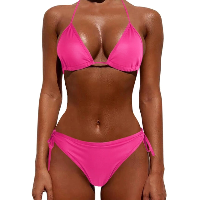 Sexy Solid Color Lace-up Split Swimsuit Sexy Pure Color Tied Separates Swimsuit Luxlife Brands