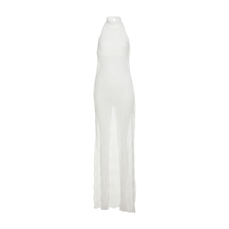 Spring Women Clothing Sexy Halter Backless Pleated Ruffle Sleeveless Dress Women Bella Mia
