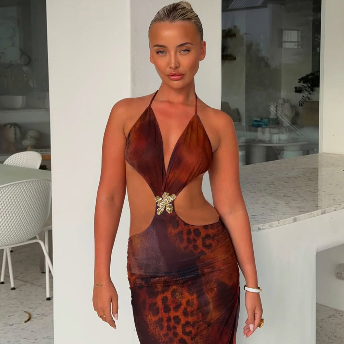 Women Summer Sexy Hollowed Printing Slim Fit Slit Dress Bella Mia