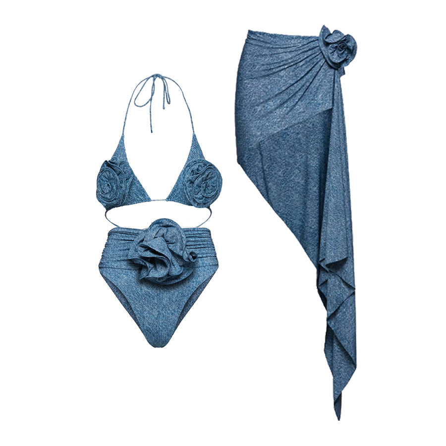 Popular Floral Decoration One Shoulder Hollow Out Cutout Soft Denim One Piece Swimsuit Women Bella Mia