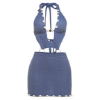 Women Clothing Spring Knitted Sexy Beaded Slim Sheath Halter Lace up Hollow Out Cutout Dress Women Bella Mia