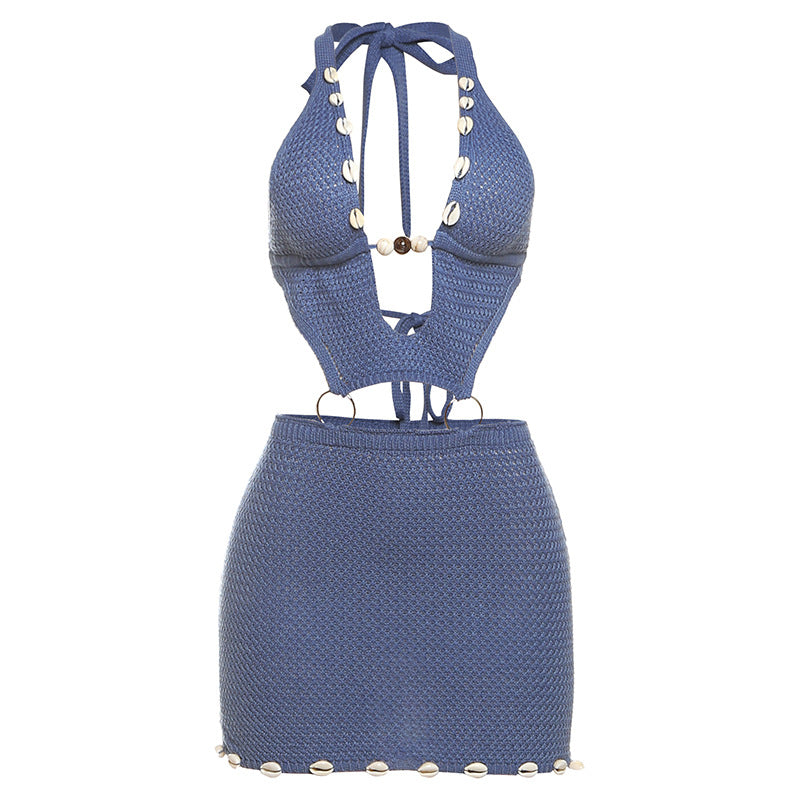 Women Clothing Spring Knitted Sexy Beaded Slim Sheath Halter Lace up Hollow Out Cutout Dress Women Bella Mia