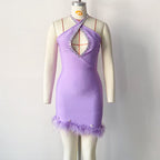 Sexy Halter Diamond Feather Stretch Bandage One Piece Dress Party Dress Bella Mia