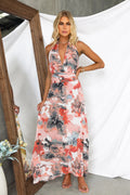 Spring Summer Printing Tied V neck Waist Tight Sexy A line Dress