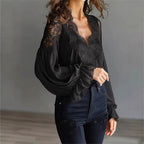 Women Lace Stitching Puff Sleeve Pleated Shirt Bella Mia