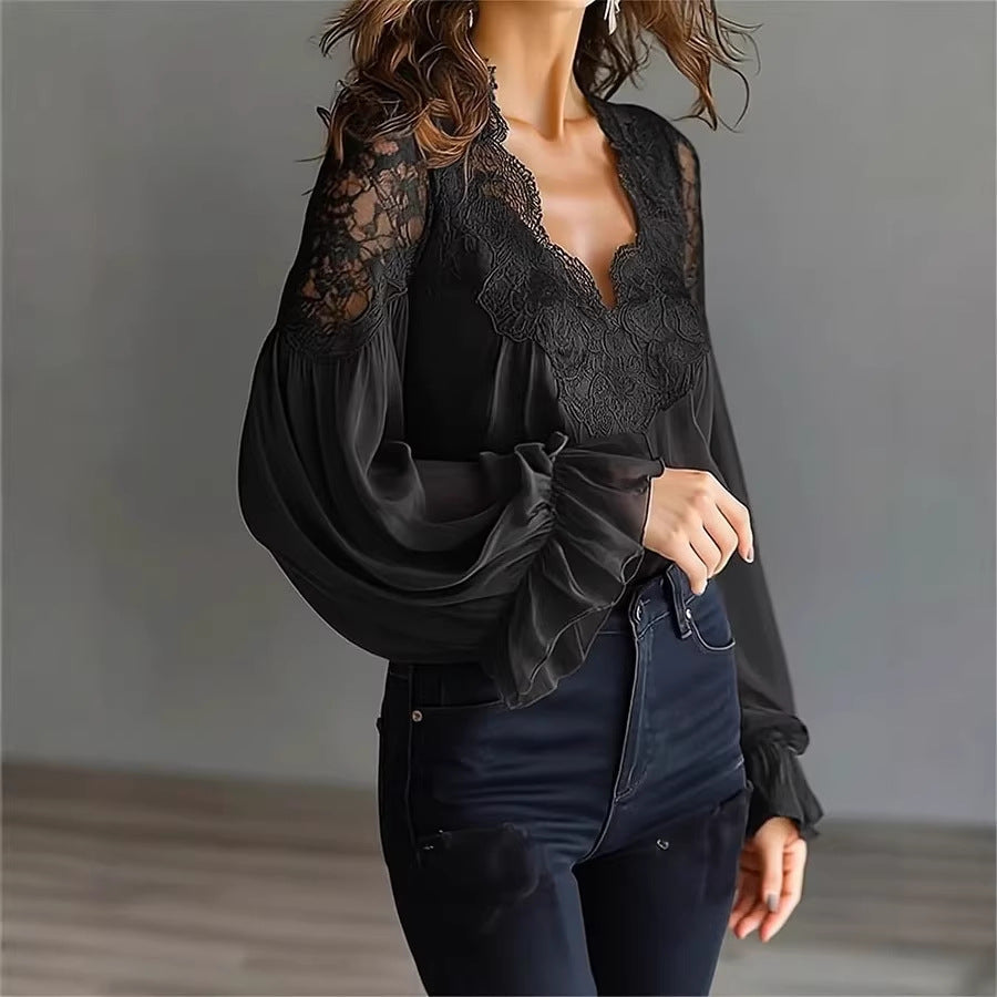 Women Lace Stitching Puff Sleeve Pleated Shirt Bella Mia
