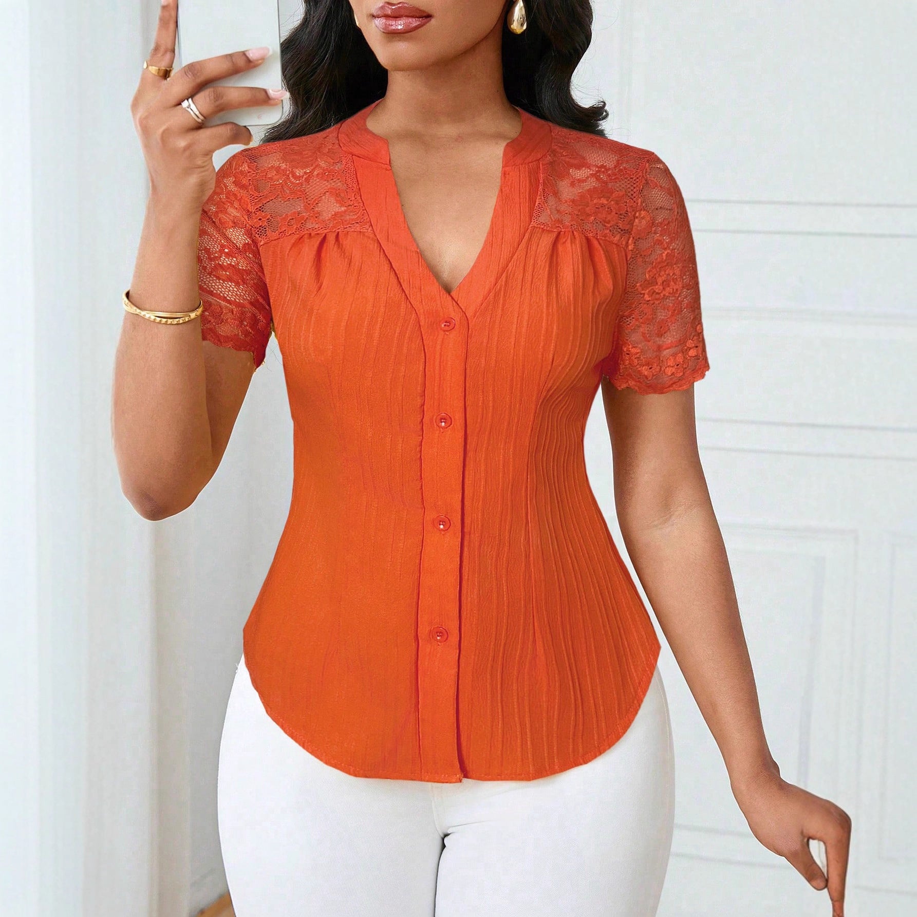 All Match Single Breasted Solid Color Slim Fit Embroidery Hollow Out Cutout Short Sleeve Top