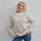 Women Clothing Striped All Matching round Neck T shirt Simple Casual Loose Sweater Bella Mia
