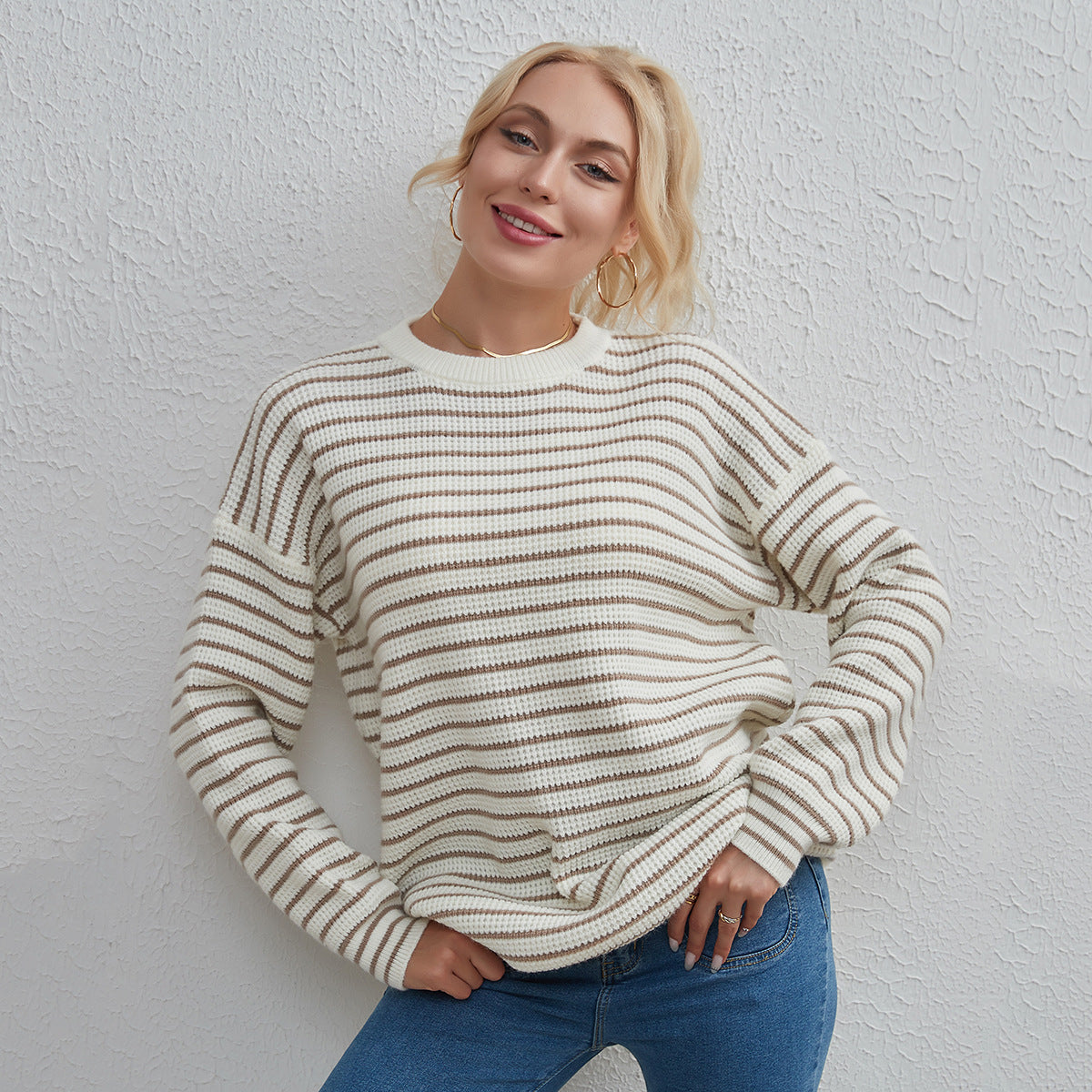 Women Clothing Striped All Matching round Neck T shirt Simple Casual Loose Sweater Bella Mia
