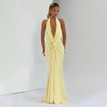 Autumn Winter Women Solid Color Deep V Plunge neck Halter Ribbon Pleated Sexy Backless Elegant Dress for Women Bella Mia