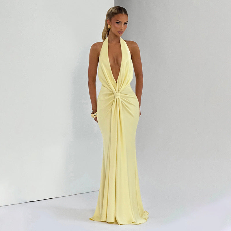 Autumn Winter Women Solid Color Deep V Plunge neck Halter Ribbon Pleated Sexy Backless Elegant Dress for Women Bella Mia