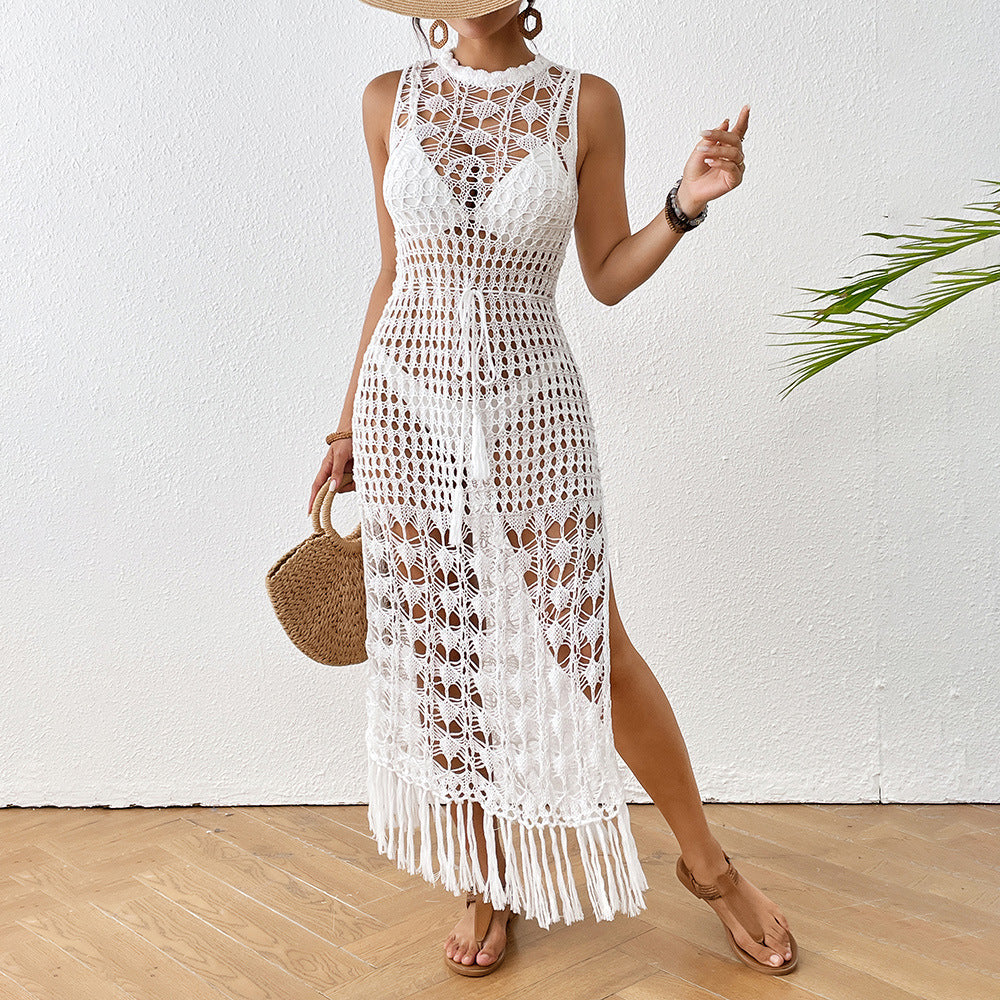 Women Cover up Hollow Out Cutout Floral Beach Dress Waist Trimming Lace up Tassel Maxi Dress Beach Dress Bella Mia