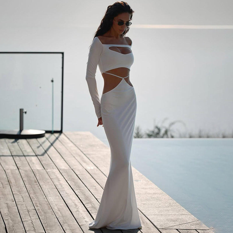 Fall Women Clothing Solid Color Sexy Cutout off Neck Slim Fit Long Sleeve Narrow Dress Women Bella Mia