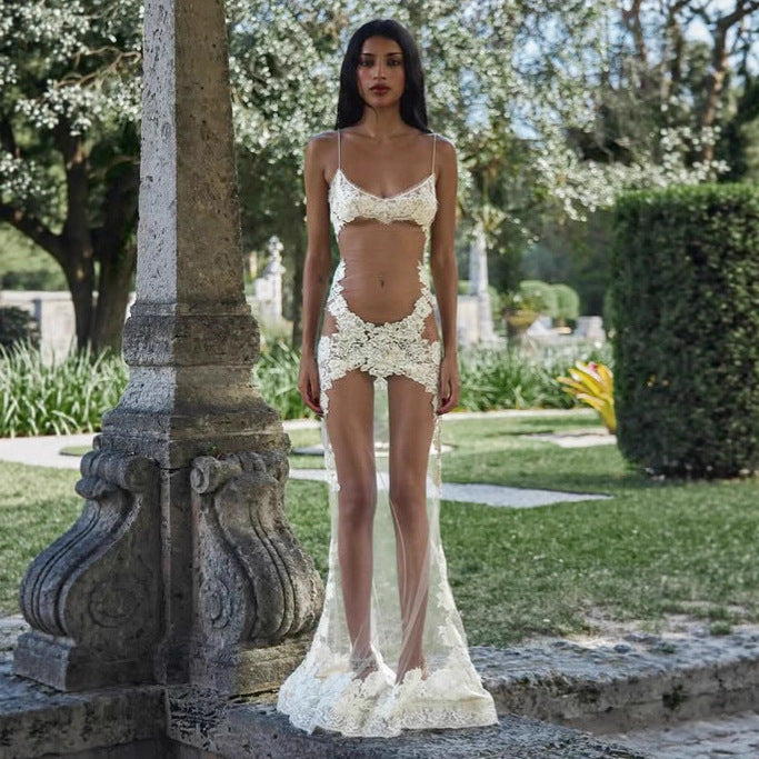 Summer Women Mesh Lace Lace Spaghetti Strap Dress See through Sexy Nightdress Vacation Maxi Dress Bella Mia