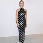 Spring Maxi Dress Women Black White Plaid Sequin Stitching Dress Halter Floral Dress Bella Mia