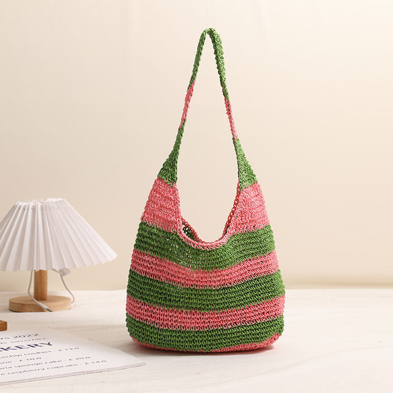 Large Capacity Striped Shoulder Straw Bag Hand Crocheted Straw Bag Woven Bag Seaside Vacation Beach Bag Bella Mia