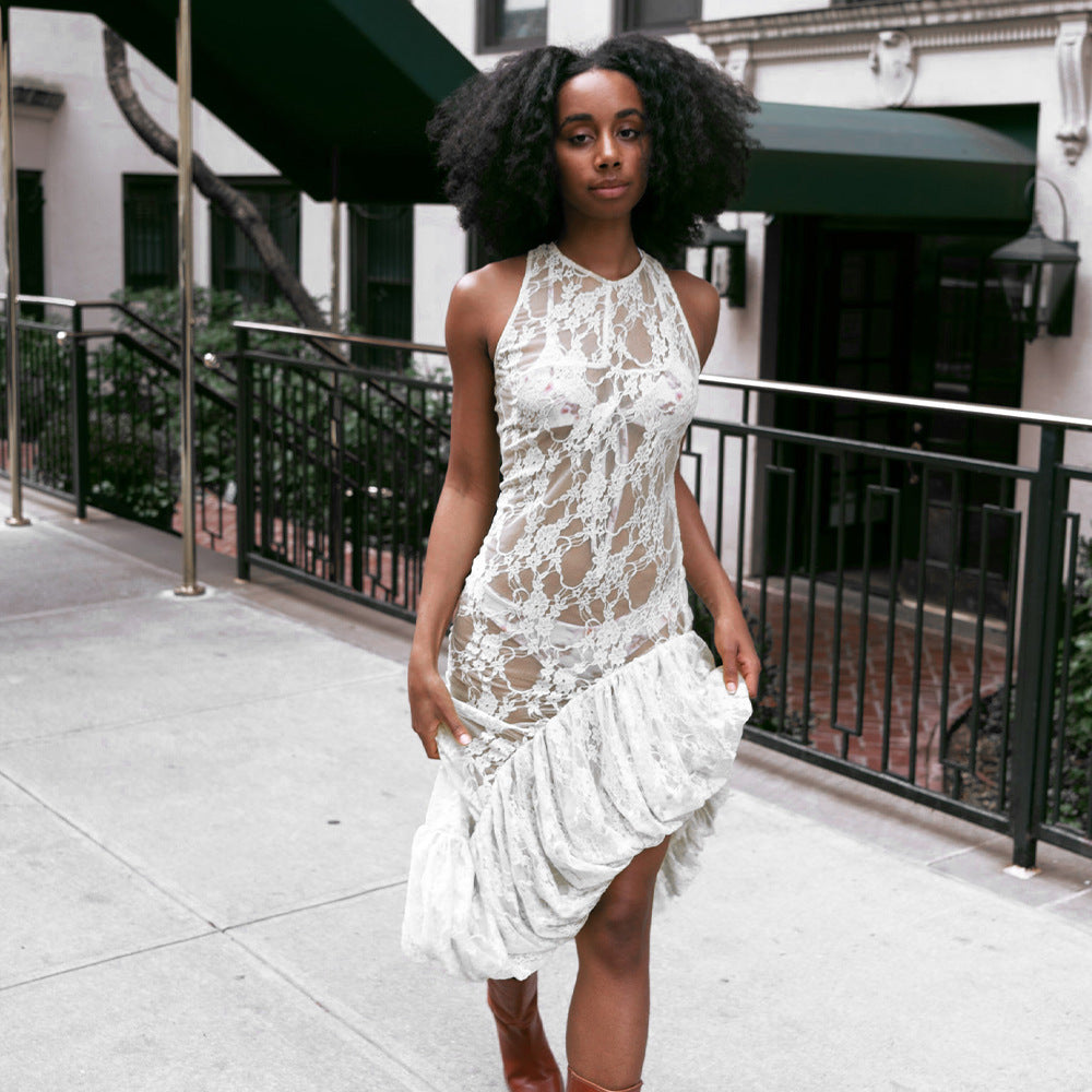 Sleeveless round Neck Dress Summer Sexy Lace See through Irregular Asymmetric Maxi Dress Women Bella Mia