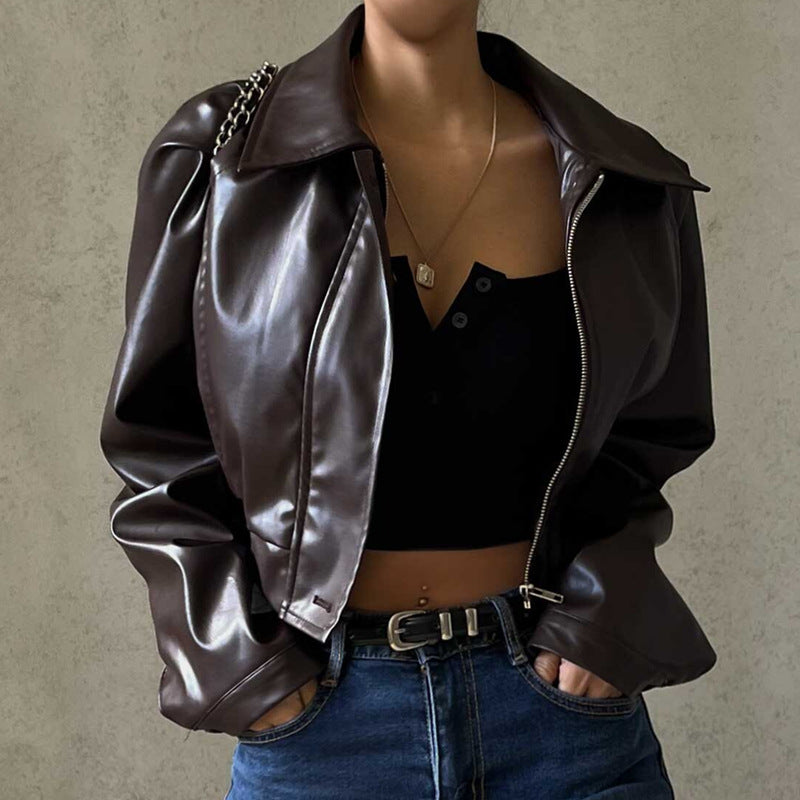 Women Clothing Autumn Retro Collared Zipper Faux Leather Casual Jacket Coat Bella Mia