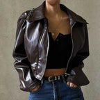 Women Clothing Autumn Retro Collared Zipper Faux Leather Casual Jacket Coat Bella Mia