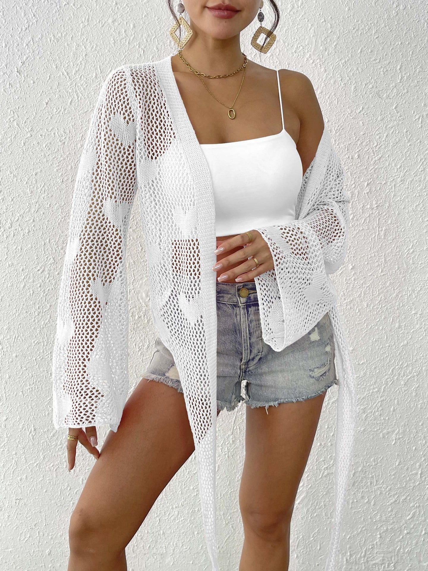 Women Cardigan Clothing Spring Summer Lace up Bow Bell Sleeve Mechanism Shirt Beach Cover Up Bella Mia