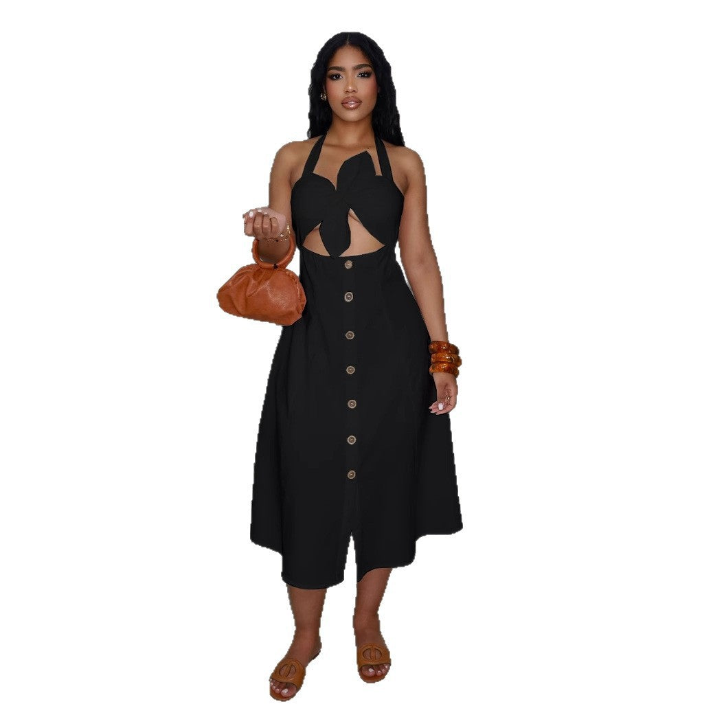 Elegant Office Solid Color Twist Decoration Smocking Halter Tied Dress Bella Mia
