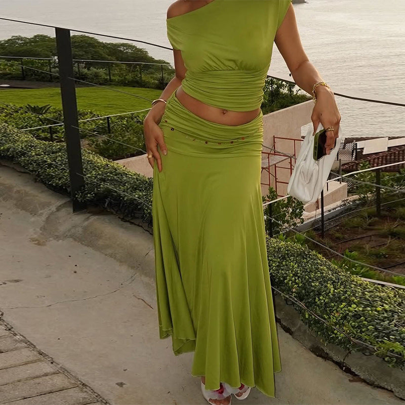 Women Clothing Summer One Shoulder Pleated Slim Fit Skirt Set Bella Mia