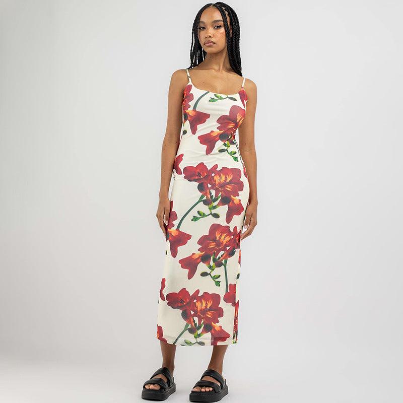 Spaghetti Strap Floral Print Stretch Slim Fit Dress Summer Waist Sheath Dress Bella Mia