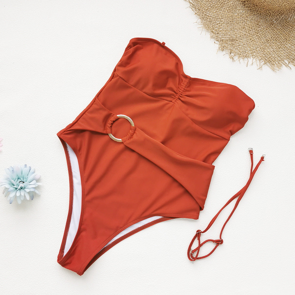 Detachable Shoulder Strap Slip on One Piece Swimsuit Women Solid Color Tube Top Bella Mia