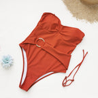 Detachable Shoulder Strap Slip on One Piece Swimsuit Women Solid Color Tube Top Bella Mia