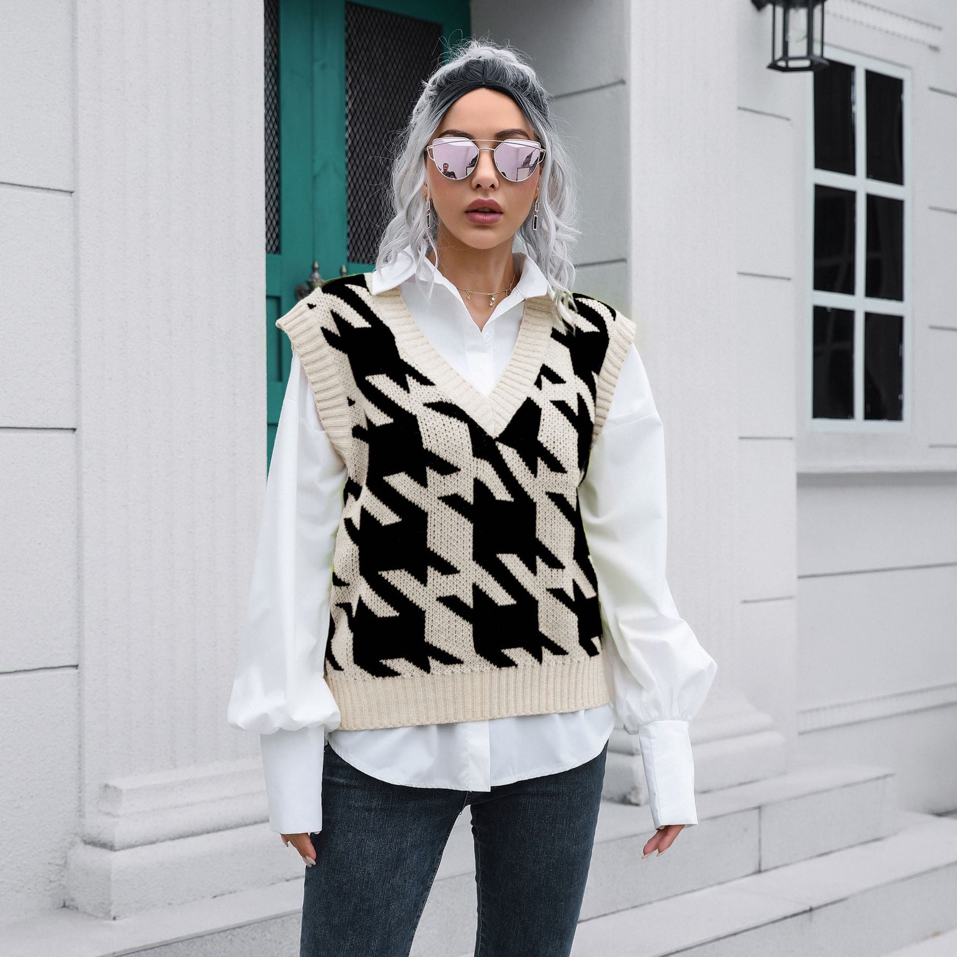 Houndstooth V-neck Vest Sweater Women Vest Outer Wear Inner Wear Autumn Winter Knitwear Sweater Boucle Bella Mia