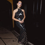 Spring Maxi Dress Women Black White Plaid Sequin Stitching Dress Halter Floral Dress Bella Mia