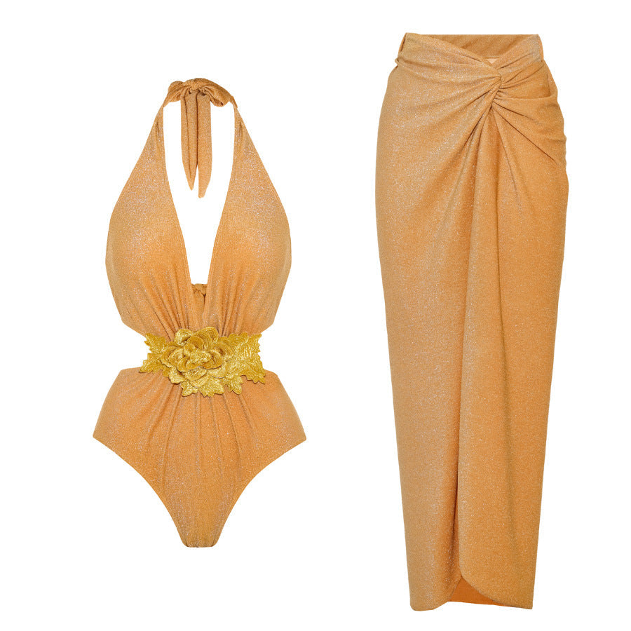 Golden Bright Surface One Piece Swimsuit Women Halter Deep V Plunge Strap Simple Sexy Bella Mia