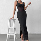 Milk Silk Stitching Mesh Cami Dress Sexy Split Backless Formal Dress Maxi Dress Bella Mia