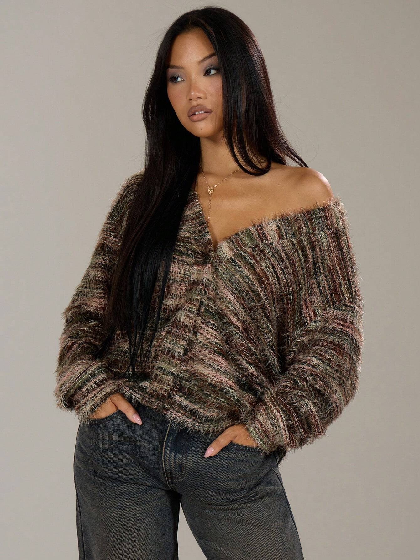 Retro Deep V Plunge neck Design Maillard Plush Long Sleeve Cardigan Bella Mia